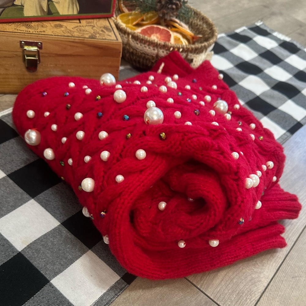 New BiBi Luxury Pearl & Rhinestone Chunky Knit Holiday Cardigan Grannycore Small - Picture 7 of 16